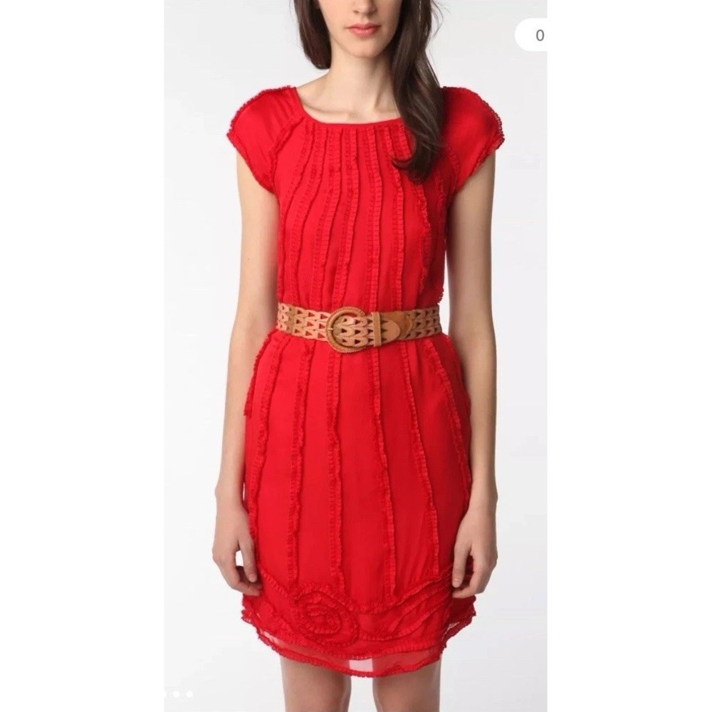 Catherine Malandrino 100% Silk Red Dress Cap Sleeve Sz 2 Ruffles Lined Party VTG
